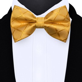 GUSLESON Mens Gold Bow Tie Pocket Square Set for Wedding Pre-Tied Silk Plaid Bowties Handkerchief Cufflinks for Men (0494-18)