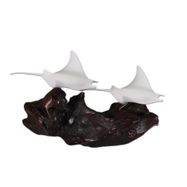 Manta Ray Duo Sculpture by John Perry 12 inches Long on Polished burlood Base. Pellucida. Signed.