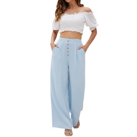 SVALIY Women Flowy Pants Cotton Linen Wide Leg Palazzo Pants Long Lounge Slacks High Waist Button Trousers Pocket Blue XL