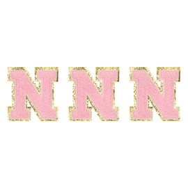 sourcing map Chenille Letters N Patches Large Size 80mm/3.15 Inch Iron-on Letters N Patches Golden Glitter Embroidered Patches for Clothing, Shoes, Hats, Backpacks Pack of 3(Pink)