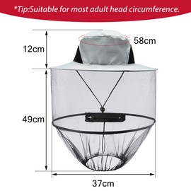 iTYOOS 1 Piece Mosquito Head Net Hat Grey Sun Hat with Netting Midgie Face Cover Mask Midge Hat Outdoor Mosquito Head Net Hat Midge Head Net Safari Hat Quick Dry Wide Brim Sun Protection