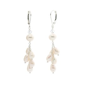 Sterling Silver Lever- back Earrings with Cascading Waterfall White Cultured Freshwater Pearls and.Aurora Borealis Crystals (4.5-5 mm)