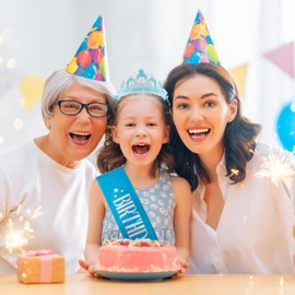 Atoden Birthday Crown and Sash for Girls Glitter Princess Tiara Rhinestone Crowns Star Headband Headpiece Blue Happy Birthday Decorations Party Supplies Hair Band Gifts