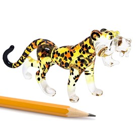 ChangThai Design Tiny 2½" Long Yellow Black Spots Walking Leopard Figurine - Miniature Hand Blown Painted Glass Spotted Wild Cats Panther Crystal Animals Decorative Collectible Figurines Décor Gifts