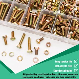 Twidec/272pcs Grade 8.8 Hex Head Nuts and Bolts Assortment Kit,Metric Bolt Assortment,M6(Length 12/16/20/25/30/40mm) Heavy Duty Bolts and Nuts Kit, Flat & Spring Lock Washer Gold Zinc Plating