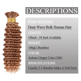 Human Braiding Hair For Boho Braids 30# Auburn Ginger 24 Inch 100g/2Bundles 12A Deep Wave Bulk Human Hair For Braiding No Weft Wet And Wavy Human Hair Extensions For Braids