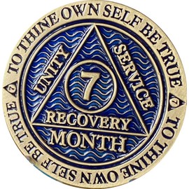 7 Month AA Medallion Antique Bronze Dusty Blue Color Sobriety Chip