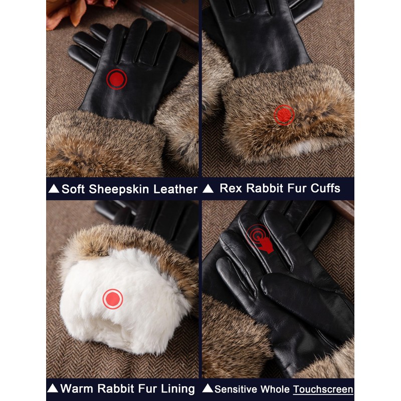 VIKIDEER Very Warm Fur Lined Gloves Women with Natural Brown