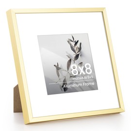 8x8 Gold Photo Frame, Metal 8x8 inch Picture Frame, Aluminium 8" Square Frame with Mount 5x5 in with Tempered Real Glass, Tabletop or Wall Mounting Display Poster Frame for Home & Wall Decor