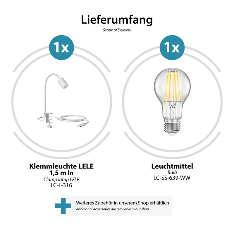 ledscom.de LELE E27 Clamp Light with Gooseneck White with E27