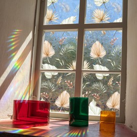 Runtoo Window Privacy Film Rainbow Boho Palm Leaves Window Clings 3D Decorative Vinyl Stained Glass Plant Leaf Decals Static Sticker Non-Adhesive, 15.75 x 40 inches