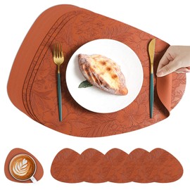 Livtoch Leather Placemats and Coasters Set of 6, Embossed Floral Faux Leather Placemats, 100% Waterproof & Oil-Resistant Wipeable PU Table Mats for Kitchen and Dining(Brown)