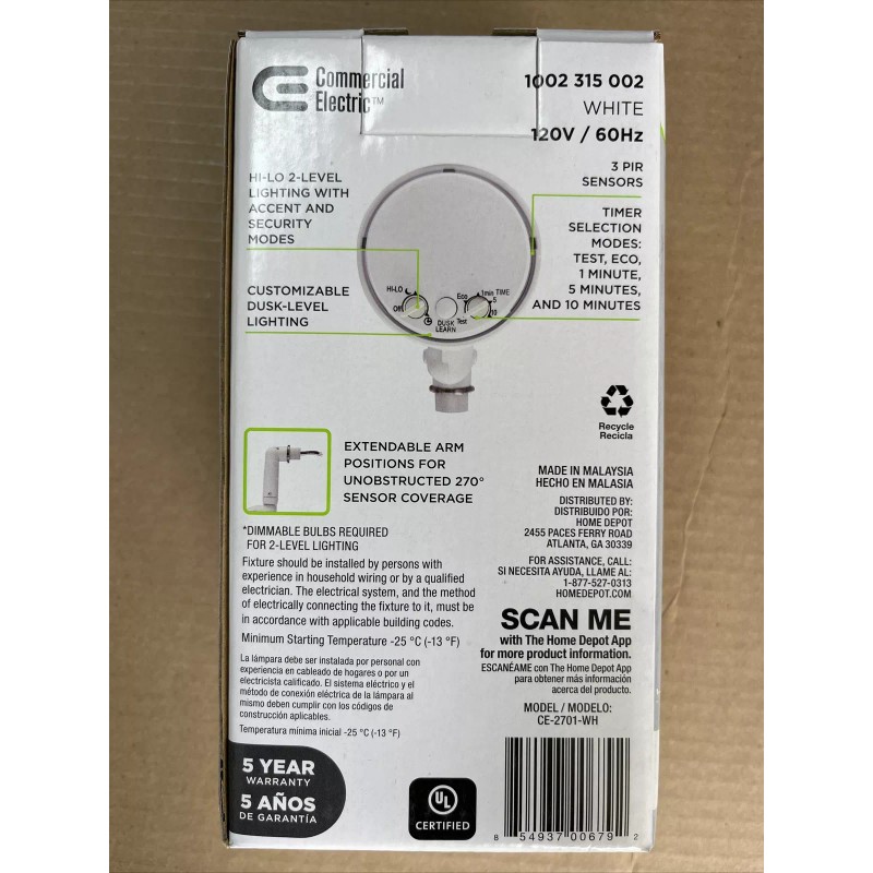 Commercial Electric 270-Degree White Motion Activated Wired Outdoor 1-Head Dusk