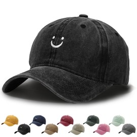 WENAUANG Unisex Smiley Face Retro Cotton Baseball Cap, Washed Distressed Look, Suitable for Outdoor Sports, for Men and Women, black