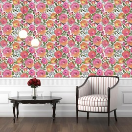 WENMER Pink Floral Wallpaper 17.7" x 78.7" Peel and Stick Peach Pink Flower Wallpaper Decorative Watercolor Removable Wallpaper for Dresser Cabinet Shelf Liner Bedroom Bathroom Accent Walls