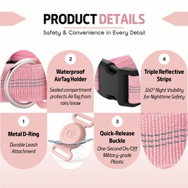 Petty Perry Waterproof AirTag Holder Dog Collar for Small Medium Large Dogs, Adjustable Reflective Dog Collar with Quick Release Buckle, Durable Nylon Outdoor Training Collar (Pink S)