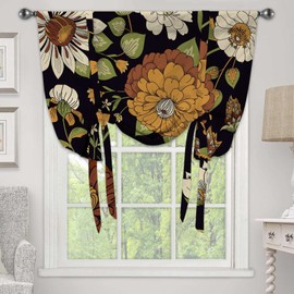 Cortina de cenefa de sombra con lazo botánico bohemio floral de mediados de siglo, flores bohemias abstractas para ventana, oscurecimiento verde, bolsillo ajustable para barra de globo para cocina
