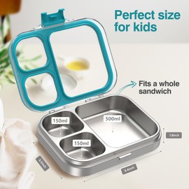 HOMEKOL Stainless Steel Lunch Box, 3 Compartments Metal Bento Box for Kids Adults, Leak-Proof Lunch Box for School Office, Dishwasher Safe, BPA-Free, Tritan Lid, Blue