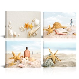 HOMEOART Ocean Coastal Landscape Canvas Wall Art Beach Seashell Wall Pictures Bathroom Decor, Framed Ready to Hang