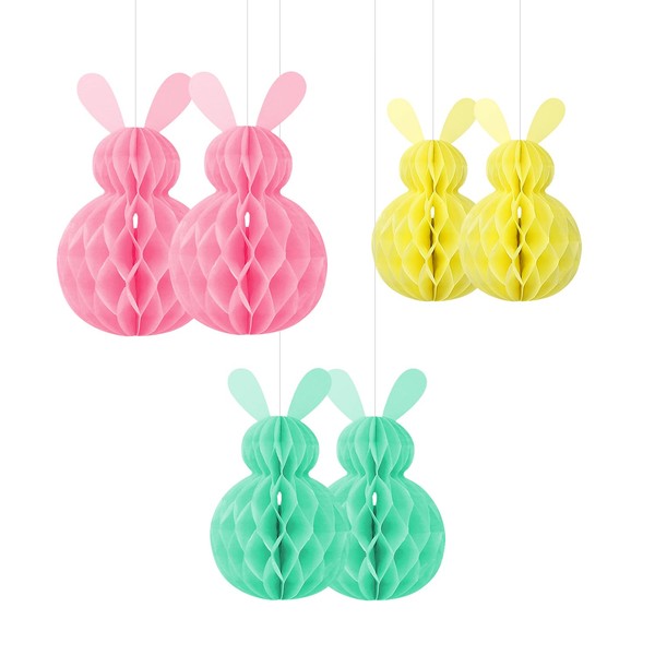 Bojueshaw 6pcs Rabbit Hanging Paper Ornaments,Easter Bunny Honeycomb Ball Pendant,Easter