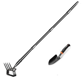 Hmseng Hoe Garden Tools, 51Inch Gardening Tools for Weeding, Heavy Duty Stainless Steel 4 Tine Hand Garden Rake Cultivator, for Flower Beds, Patio, Garden Loosening Soil Weeding Digging