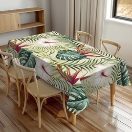 XUNNEECY Floral Tropical Leaves Tablecloth 54x72 Inches, Vintage Flowers Rectangular Polyester Table Cover with Wave Lace, Washable Dining Table Cloth for Kitchen, Party, Outdoor