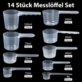 REJOECE Pack of 12 Transparent Measuring Spoons 4 g, 100, 70, 60, 50, 40, 30, 20, 15 ml, Measuring Spoons Gram, Dosing Spoon with Scale for Baking, Cooking, Coffee, Washing Powder, Protein Powder,