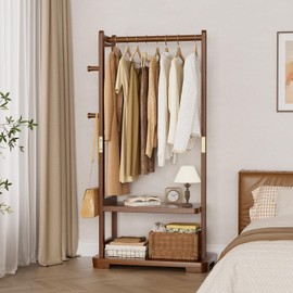 Solid Wood Clothes Rack with 2 Shelves & 4 Hooks for Hanging Clothes Garment Wallets Hats, Clothing Rack Heavy Duty Coat Rack Freestanding with Storage Hall Tree for Hallway Bedroom Living Room