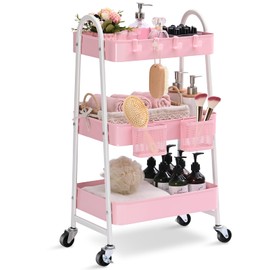 KINGRACK 3 Tier Utility Rolling Cart, Metal Rolling Storage Cart, Craft Art Cart with Handle and Locking Wheels & 2 Hanging Baskets 4 Hooks for Bathroom, Kids'Room, Classroom, Bedroom, Pink