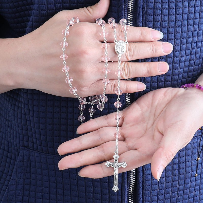 Light Pink Crystal Beads Rosary Catholic Necklace Holy Soil Medal