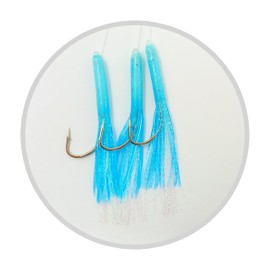 FLADEN Fishing - Single Packs of Sparkle Tempter Feather Tail Tube Rig - Ready to Use Tied Boat Wreck Sea and OffShore - 60lbs Mainline - 3 Hook - Size 4/0 - Assorted Colours (Blue) [17-6401-3-4/0]