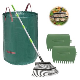 JOYHALO 65 Inch Rake for Leaves, 25 Tines Metal Leaf Rake Set with 32 Gallon Leaf Bags Scoops, Garden Rakes 18in Wide, Rakes for Gardening Lawns Yard Outdoor Camping Shrub Grass Bush