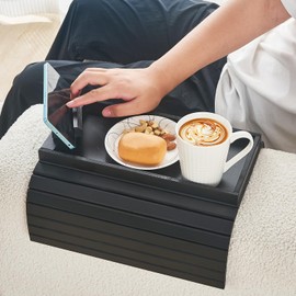 LOVYANXUE Bamboo Sofa Arm Tray Armrest Table with 360° Rotating Phone Holder, Anti Falling Couch Arm Tray, Foldable and Portable Sofa Armrest Tray Cup Holder for Drink,Cups, Phone, Snacks, Remote