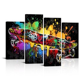 KLVOS 4 Pieces Sport Canvas Wall Art Skateboard Graffiti Picture Street Style Cool Skateboarding Painting Artwork Ready to Hang for Bedroom Boys Room Decor
