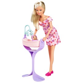 Simba 105733680 Steffi Love Hello Baby Doll (29 cm) - Pregnant Toy Doll with Growing Belly, Baby Doll & Accessories - Children's Toy for Girls and Boys from 3 Years, Black