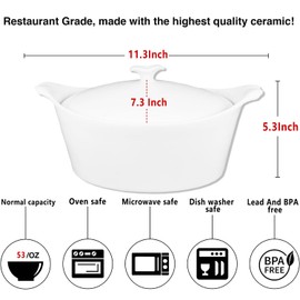 jinsongdafa Ceramic Casserole Dish with Lids,1.6 Quart French White Soup Tureens, 11.3x7.3 Baking Dish, Soup Serving Tureen, for Casseroles, Lasagna Cookware Set, Microwave, Oven Safe