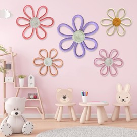 5 Pcs Boho Daisy Flower Wall Decor 3 Size Woven Floral Art Wall Hanging Supply for Boy Girl Pink Purple Bohemian Home Bedroom Room Decorations