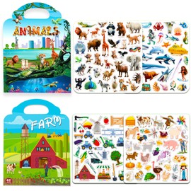 2pack Reusable Sticker Books for Toddlers 2-4 Years,Animals & Farm Theme 3D Jelly Stickers Kids Activity Book for Boys Girls Road Trip Toddler Airplane Train Travel Essentials Toy - 129pcs