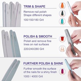 Juego de limas de uñas y pulidor (12 piezas), kit profesional de limas de uñas para uñas acrílicas y naturales, lima de uñas suave, lima de uñas de ge