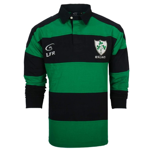 Irish Rugby Shirt for Men, Green and Blue with Shamrock Crest, Irish Fan Shirt, Medium.