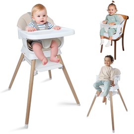 9 in 1 Convertible Baby High Chair with Booster, Wooden Highchair for Babies and Toddlers with Adjustable Tray & 5-Point Harness, Multi-Functional Growing Seat for Feeding, Learning & Play, Gray