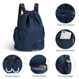 RYACO Drawstring Backpack Sports Gym Bag, Water Resistant String Sackpack Large Size with Zipper and Water Bottle Mesh Pockets for Gym Shopping Sport Yoga School Swimming Beach