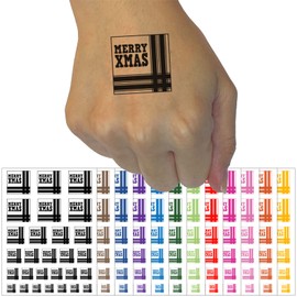 Merry Xmas Christmas with Corner Ribbon Temporary Tattoo Water Resistant Fake Body Art Set Collection - Yellow (One Sheet)