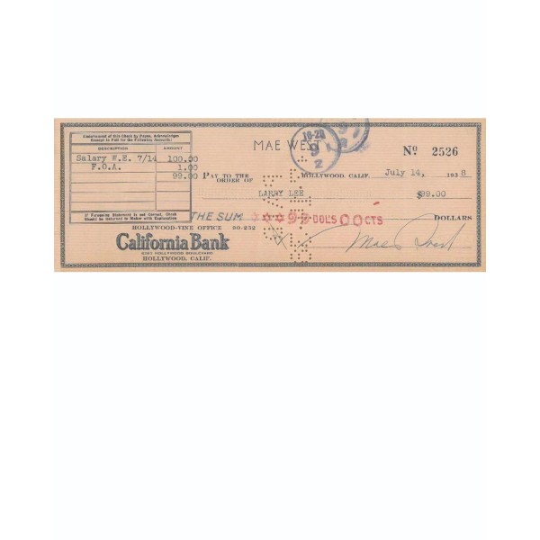 Mae West Reprint Check with 8.50" x 11" Photo Free