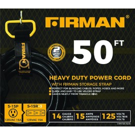 Firman 2020 50' Medium Duty Generator Utility Power Cord, 5-15P to (3) 5-15R, 14 Gauge, 15A, 1875W, Outdoor Rated Extension Cord with Storage Strap for Jobsite, RV, Home, Backup Power