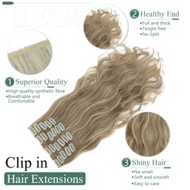 SEGO Clip In Hair Extensions 22 Inch 12PCS Thick Clip In Hair Hairpieces 180g Long Wavy Hair Extension Synthetic Full Head For Women, Sandy Blonde & Bleach Blonde