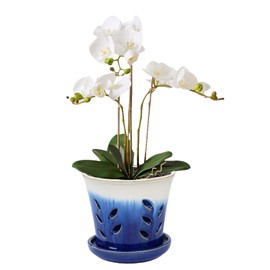 vensovo 5.5 Inch Ceramic Orchid Pot - Orchid Pot with Holes for Repotting, Ceramic Planter with Saucer for Indoor/Outdoor Plants, Blue