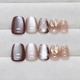 24 Pcs Press on Nails-Glitter Cat's Eye Coffee Checkered Burst Diamonds Design False Nails,Reusable Stick On Fake Nails with Glue,Acrylic Stick on Nails for Women and Girls