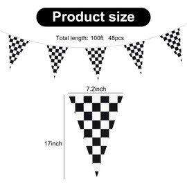 DecoGlee 100ft 48pcs Black White Checkered Racing Pennant Flags Banner,Reusable Bunting String Triangle Flags,Race Car Theme Party Decoration,Kids Birthday,Indoor and Outdoor Events