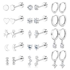Roheafer Hypoallergenic Flat Back Earrings for Women Surgical Steel Stud Hoop Earrings for Sensitive Ears Stainless Steel Earrings Silver Flatback Stud Cartilage Earring Set